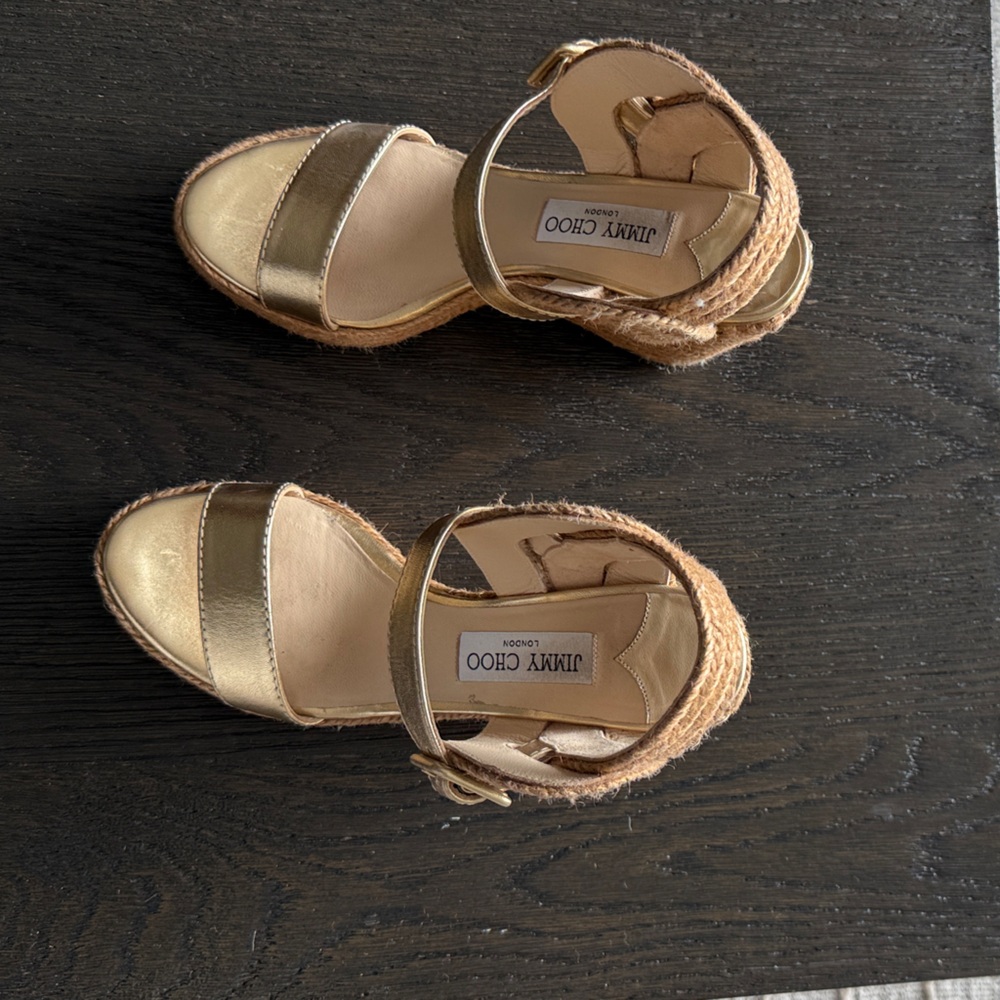 Jimmy Choo Metallic Gold and Beige Wedges